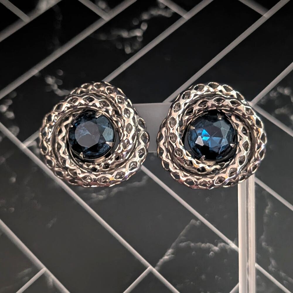 Vintage Clip On Earrings Extra Large Chunky Blue Gem, Dark Silver Tone Statement